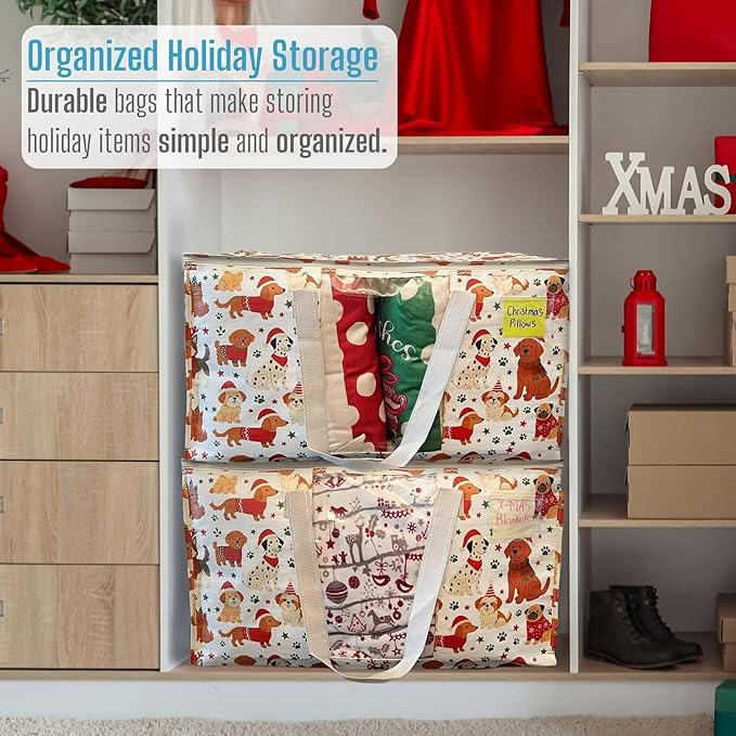 VENO 4 Pack Moving Bags, Large Christmas Storage Bins with lids, Packing Supplies for College, Alternative to Moving Boxes, Foldable, Heavy-Duty Tote, Christmas Pattern (Holiday Pups, 4 Pack)