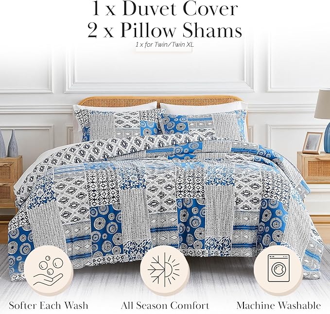 Southshore Fine Living, Inc. Patchwork Duvet Cover Twin/Twin XL - Hotel Quality Reversible Twin Bedding Set, Easy Care - Twin Duvet Cover Set with Matching Pillow Sham - Global Patchwork Blue