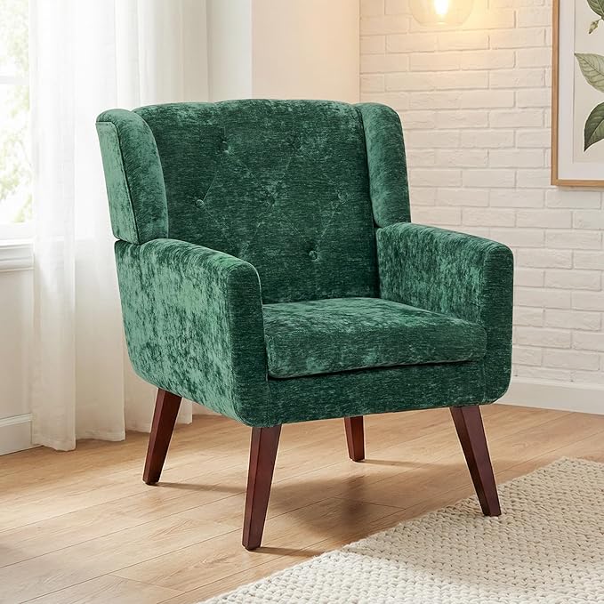 Accent Chair Button-Tufted Upholstered Living Room Chairs Comfy Reading Chair Mid Century Modern Chair with Linen Fabric Lounge Arm Chairs for Living Room Bedroom（Green）