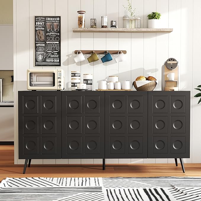 Sideboard Buffet Cabinet with Storage: 63" Large Accent Fluted Black Buffet Cabinet with 4 Doors, Mid Century Modern Credenzas for Living Room (Black)