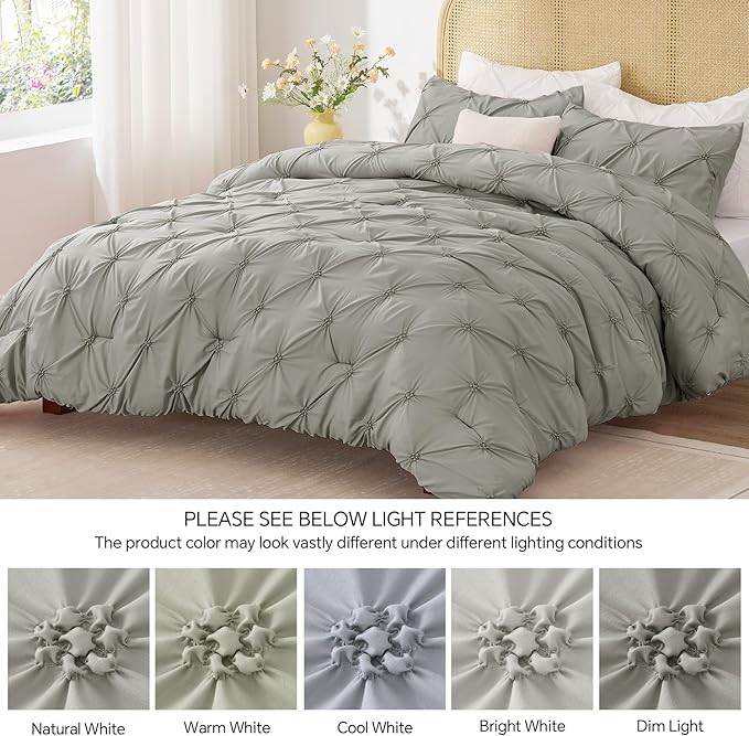 BEDELITE Grey Queen Comforter Set - 3 Pieces Boho Pintuck Bedding Comforter Sets, Lightweight Soft & Warm Bed Comforter Queen with 2 Pillowcases for All Season