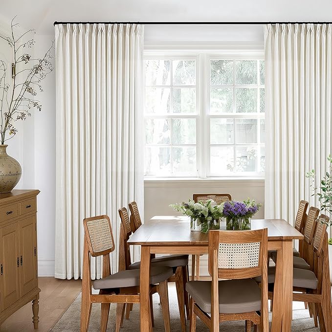 Custom Made Pinch Pleated Linen Curtains 105 Inches Long for Living Room 2 Panels Set Cream Ivory Memory Pleated Drapes Back Tab Neutral Boho Ceiling Floor 105 Inch Window Curtains Natural Birch