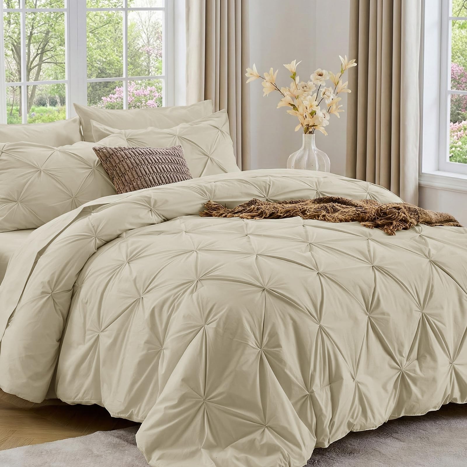 Sasttie Twin XL Comforter Set, 5-Piece Bed in a Bag, Pintuck Bedding Sets for All Season, Includes Comforter, Flat Sheet, Fitted Sheet, Pillowcase and Pillowsham, Beige