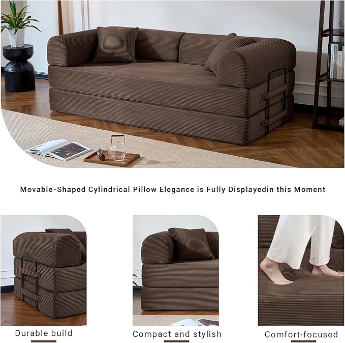 Compressed Sofa, Convertible Sofa Bed, Corduroy Compression Boneless Couch with Pillow, Comfy Modular Foldable Floor Sleeper Sofa for Bedroom, Living Room, Lounge, Studio (Brown)