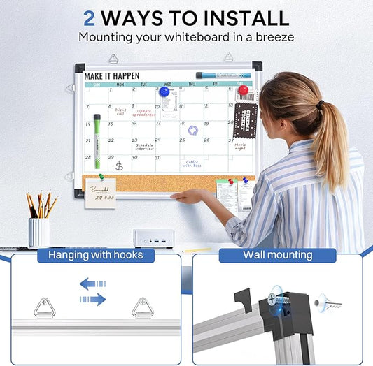 Monthly Calendar Whiteboard and Cork Board Combo for Wall, 17"x13" Reversible Hanging Dry Erase Board, Double Sided White Board with Aluminum Frame for Planning, Office, Kitchen, School, Home