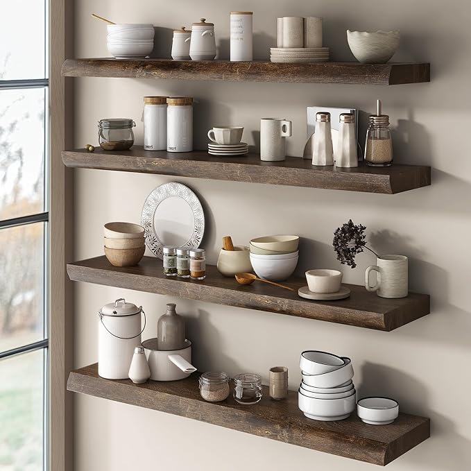 Live Edge Elm Floating Shelves for Wall Decor, Rustic Solid Wood Shevles Wall Mounted with Invisible Bracket for Living Room Bathroom Bedroom Kitchen, 36 Inch Set of 2, Walnut