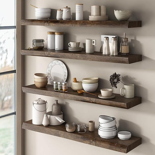 Live Edge Elm Floating Shelves for Wall Decor, Rustic Solid Wood Shevles Wall Mounted with Invisible Bracket for Living Room Bathroom Bedroom Kitchen, 36 Inch Set of 2, Walnut