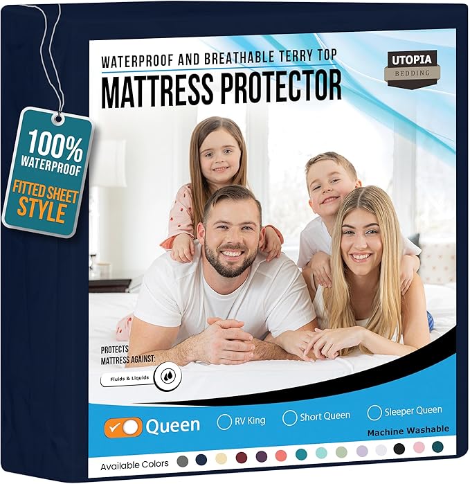 Utopia Bedding Waterproof Mattress Protector Queen Size, Premium 200 GSM Terry Mattress Cover, Soft & Breathable Bed Cover, Fitted Sheet Style with Stretchable Deep Pockets 17" (Navy Blue)