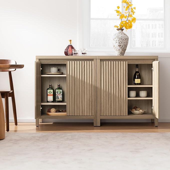 SICOTAS Sideboard Buffet Cabinet with Storage, Fluted Credenza Console Cabinet with Adjustable Shelves, Farmhouse Coffee Bar Storage Cabinets for Kitchen, Living Room, Entryway, Light Oak