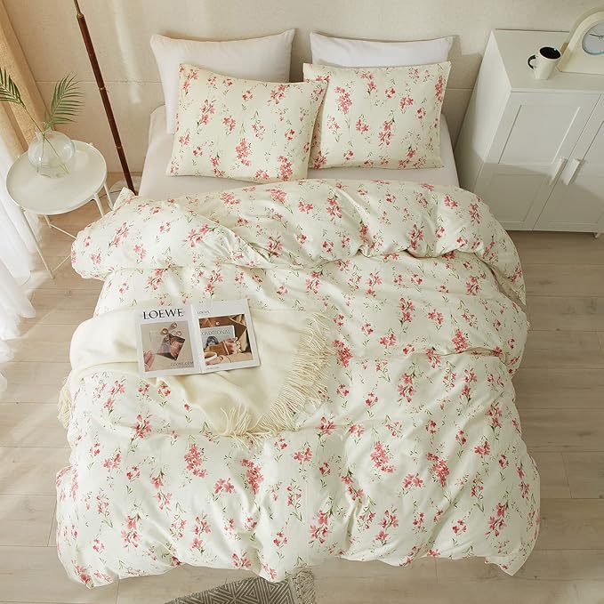 mixinni Boho Red Floral Girl Duvet Cover Set, Soft Cotton Twin Size 3-Piece Aesthetic Floral Bedding Set, 1 Chic Flower Leaf Pattern Duvet Cover and 2 Pillowcases for All Seasons-Twin Size