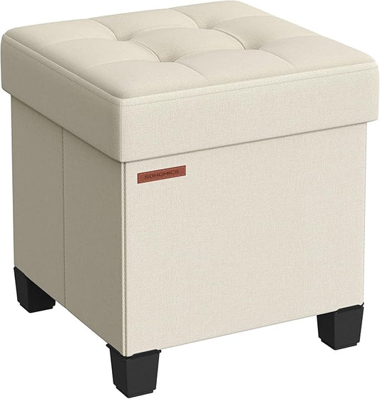 SONGMICS Storage Ottoman, Small Ottoman Foot Rest with Legs, 15 x 15 x 15.7 Inches Foot Stool, Load up to 660 lb, for Living Room, Bedroom, Dorm, Cream White ULSF014W01