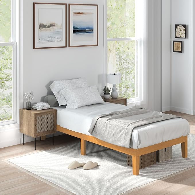 Sweetcrispy Solid Wood Bed Frame, Twin Size Bed Base with Wood Slat Support, Sturdy, Stylish & Noise-Free Design, No Box Spring Needed, Easy Assembly, 12 in Natural Pine