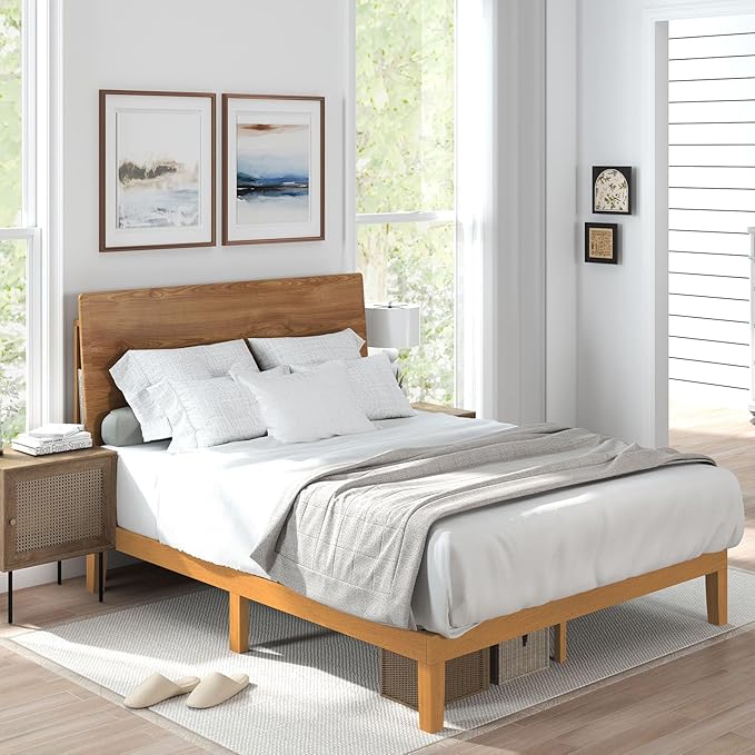 Sweetcrispy Solid Wood Bed Frame, Queen Size Bed Base with Wood Slat Support, Sturdy, Stylish & Noise-Free Design, No Box Spring Needed, Easy Assembly, 12 in Natural Pine