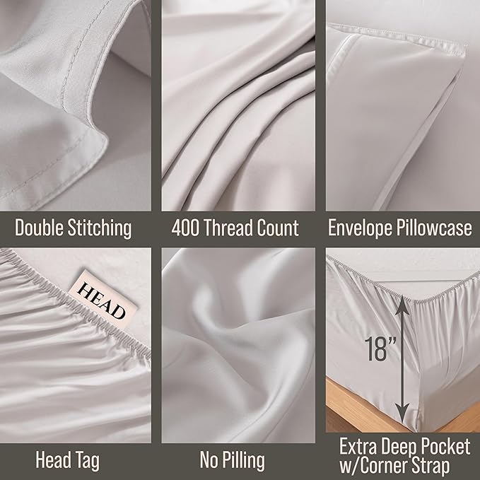 Bella Coterie 6 Piece Luxury Bamboo Viscose Queen Size Sheet Set | 100% Organically Grown | Cooling for Hot Sleepers | 18" Deep Pocket | Soft & Hypoallergenic | 4 Pillowcases [Grey Mist]