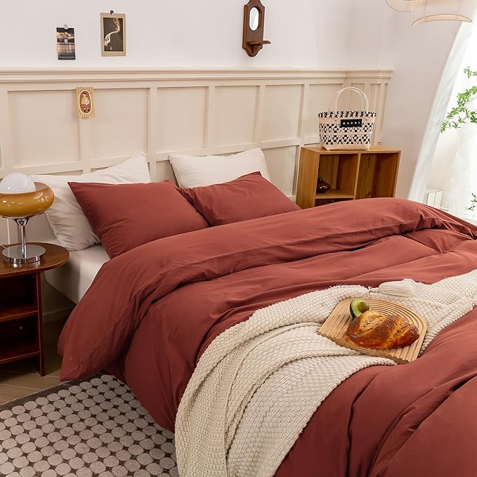 ECOCOTT Duvet Cover King Size - Linen Feel Organic Natural 100% Washed Cotton, Soft Breathable 3 Pieces Bedding Set with Zipper Closure, Burnt Brick Red