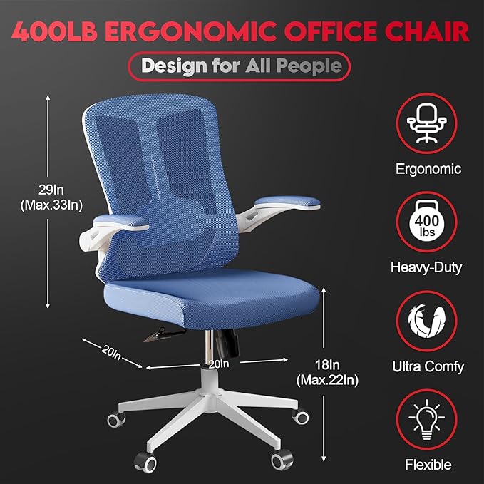 Ergonomic Office Chair - 400LB Comfy Desk Chairs with Lumbar Back Support, Mesh Computer Chairs with Wheels and Arms for Home Office, Study (669Blue-Without Headrest)