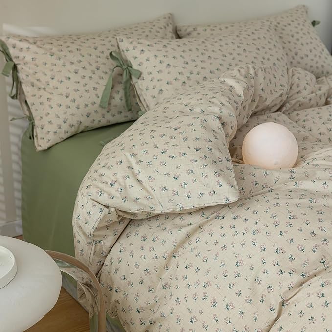 mixinni Country Style Duvet Cover Twin Size - Cottagecore Green Floral Vintage Bedding 3PC with Bow Ties Pillowcases, 100% Cotton Soft Aesthetic Boho Comforter Cover for Girls-Twin XL Size