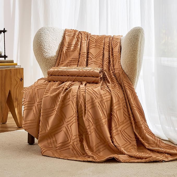 JELLYMONI Duvet Cover King Size Rust - 3PCS Boho Duvet Cover Set Plaid Polyester Tufted Bohemian Jacquard Knit Textured Comforter Cover 104×90in Rhombic Geometric Pattern Zipper Corner Tie