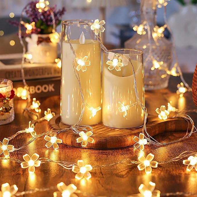 Fairy Flower String Lights Battery USB Operated, 10ft 30 LED Decorative Cute Cherry Blossom Floral Lamp for Bedroom, Christmas, Parties, Wedding, Centerpiece, Dorm Indoor Decoration (Warm White)
