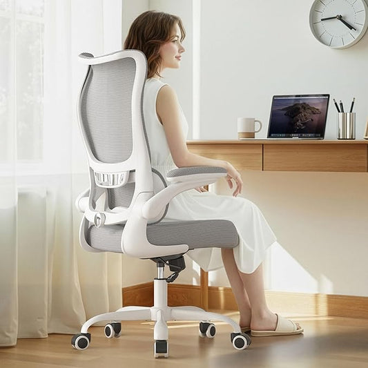 Office Chair Ergonomic Desk Chair - Comfy Mesh High Back Office Chair with Lumbar Support Wheels Home Desk Office Chairs Flip up Armrest Executive Rolling Swivel Task Work Computer Chair Grey