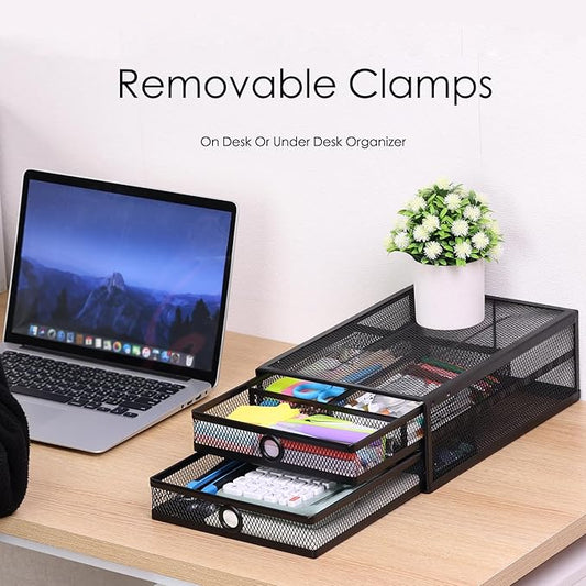 2-Tier Clamp-On Mesh Organizer, Under Desk Storage with Slide-Out Tray, No Drilling Tool-Free Installation, Durable Rust-Resistant Metal, Large-Capacity Organizer.