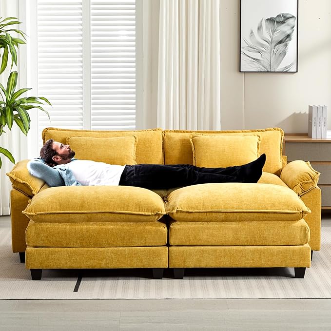 86" Modular Sectional Sofa, Comfy Cloud Couch Sectional Sofa with Ottoman, Chenille Sofa Sleeper Deep Seat Sofa with Throw Pillows for Living Room (Yellow)