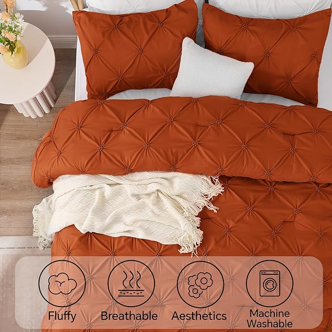 BEDELITE Burnt Orange Twin Comforter Set - 2 Peices Boho Pintuck Bedding Comforter Sets, Lightweight Soft & Warm Twin Bedding Sets with 1 Pillowcase for All Season