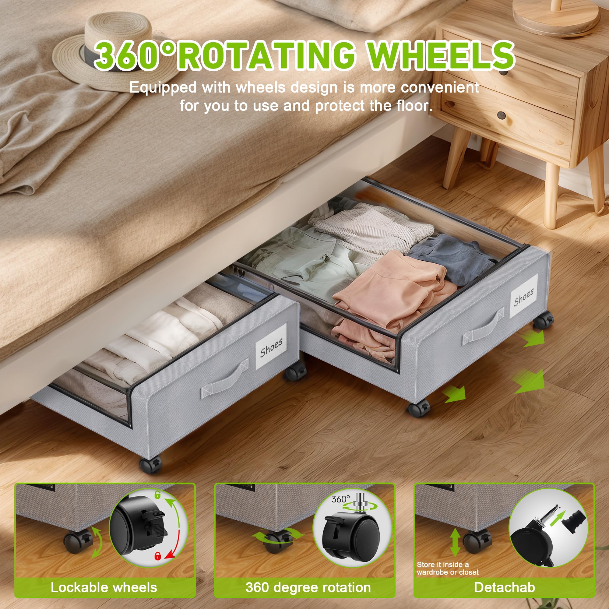 YAASHEEN Under Bed Storage with Wheels, 2-Pack Under the Bed Storage Containers with Clear Lids & Label, Underbed Storage Bins, XXL 60L Rolling Metal Drawer for Clothes, Shoes, Toys, Books - Black Dormly