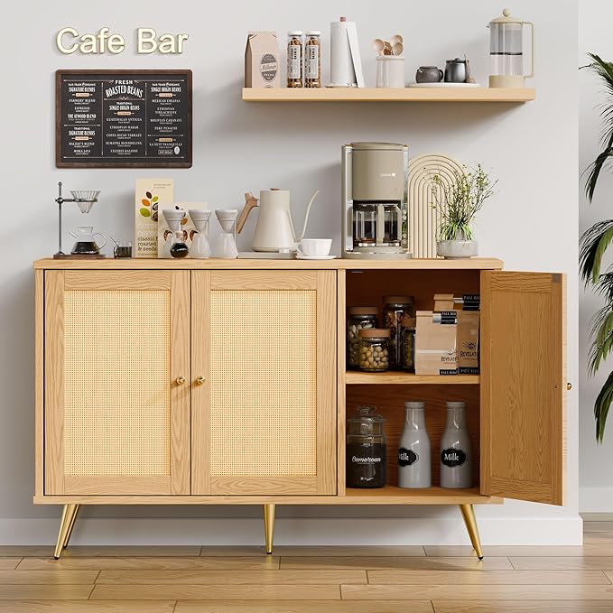 JAMFLY Buffet Cabinet with Set of 2 Storage, Kitchen Storage with 3 Rattan Decorated Doors, Accent Cabinet Sideboard for Dining Room, Living Room, Entryway, Hallway, Natural