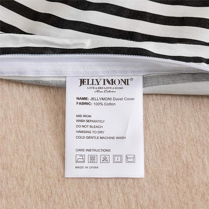 JELLYMONI 100% Natural Cotton 2pcs Striped Duvet Cover Sets,White Duvet Cover with Black Stripes Pattern Printed Comforter Cover,with Zipper Closure & Corner Ties(Twin Size)