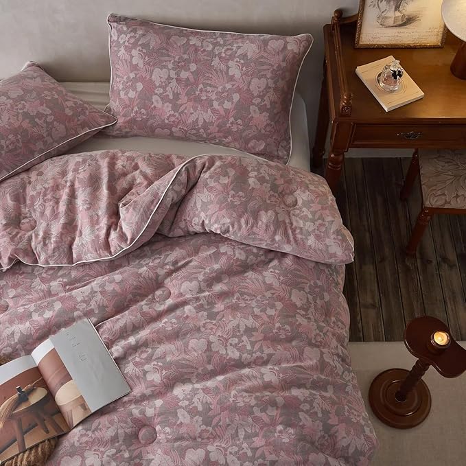 MKXI Double Layer Muslin Cotton Comforter Set Farmhouse Old Pink Floral Comforter Full Size Shabby Chic Bedding Comforter Set Soft Breathable French Country Bed Comforter for All Season