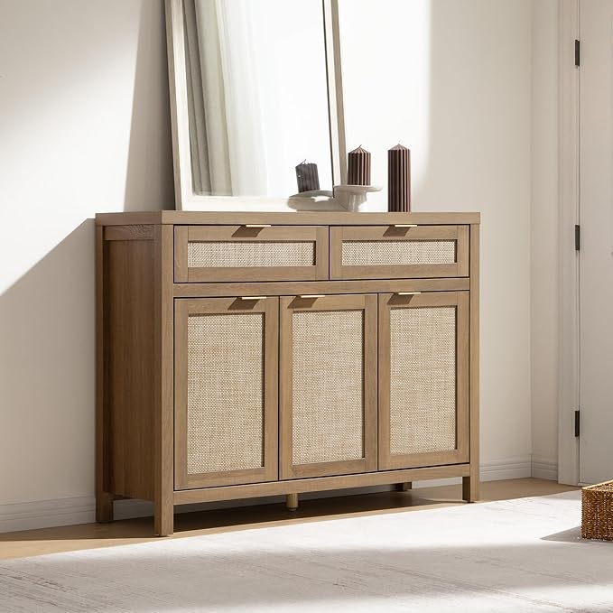 SICOTAS Rattan Sideboard Buffet Cabinet with Storage, Boho Credenza Accent Cabinet with 3 Doors and 2 Drawers, Farmhouse Console Coffee Bar for Kitchen, Living Room, and Entryway, Caramel Oak