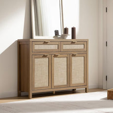 SICOTAS Rattan Sideboard Buffet Cabinet with Storage, Boho Credenza Accent Cabinet with 3 Doors and 2 Drawers, Farmhouse Console Coffee Bar for Kitchen Living Room Entryway, Caramel Oak, 2 PCS