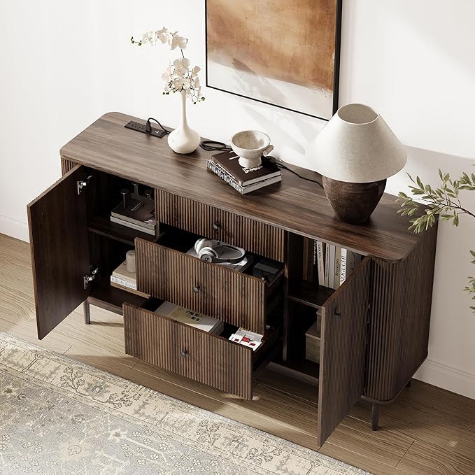 59" Sideboard Buffet Cabinet with Storage, Modern Fluted Accent Credenza with Charging Station, Wood Mid Century Buffet Table Coffee Bar Console Table with 3 Drawers & 2 Doors for Kitchen, Entryway