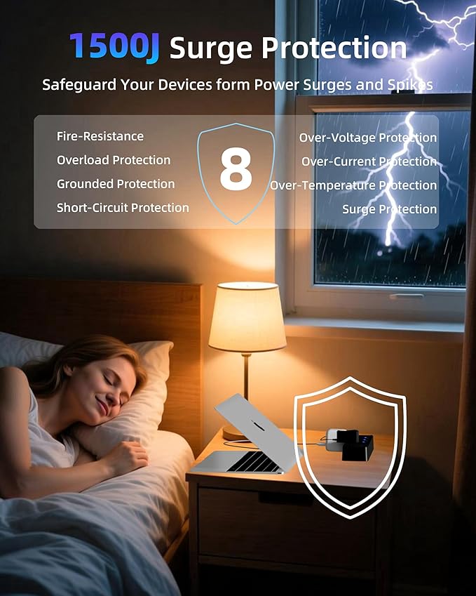 Surge Protector Power Strip with Individual Switches - 6 Wide Spaced Outlet 4 USB Ports(2 USB C), 10ft Extension Cord with Switch On/Off, 1500J, 3 Prong Flat Plug, Wall Mount for Home Office