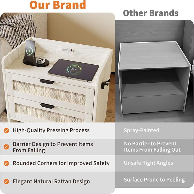 Rattan Nightstand, Bedside Table with Type-C Charging Station - 2 Storage Drawer Space, Boho End Table Side Table for Bedroom Office, Large Night Stand with Charging Port