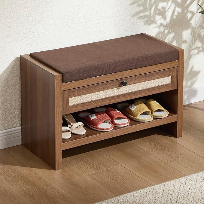 Rattan Shoe Bench Entryway Bench with Storage Drawer and Linen Seat Cushion, Farmhouse Boho Shoe Rack Bench, Wooden Storage Bench for Entryway Hallway and Bedroom - Oak