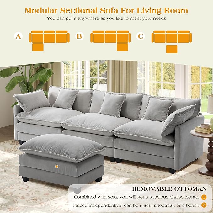 113.4" Modular Sectional Sofa,L Shaped Couch for Living Room,Modern Deep Seat Sofa 3 Seater Chenille Fabric Comfy Cloud Couches with Throw Pillows & Movable Ottoman
