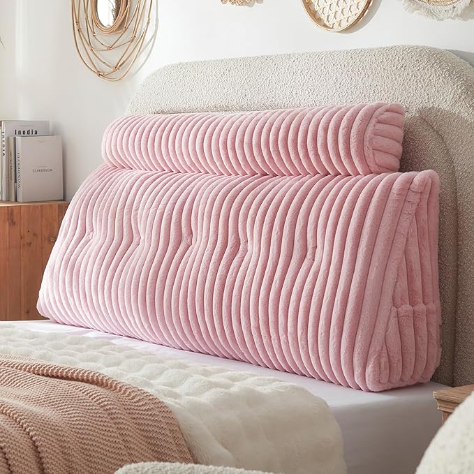 Headboard Pillow + A Long Neck Roll Pillow Body Pillow，Faux Fur Headboard Wedge Pillow with Removable Cover (Pink, Queen：59x8x20 inches)