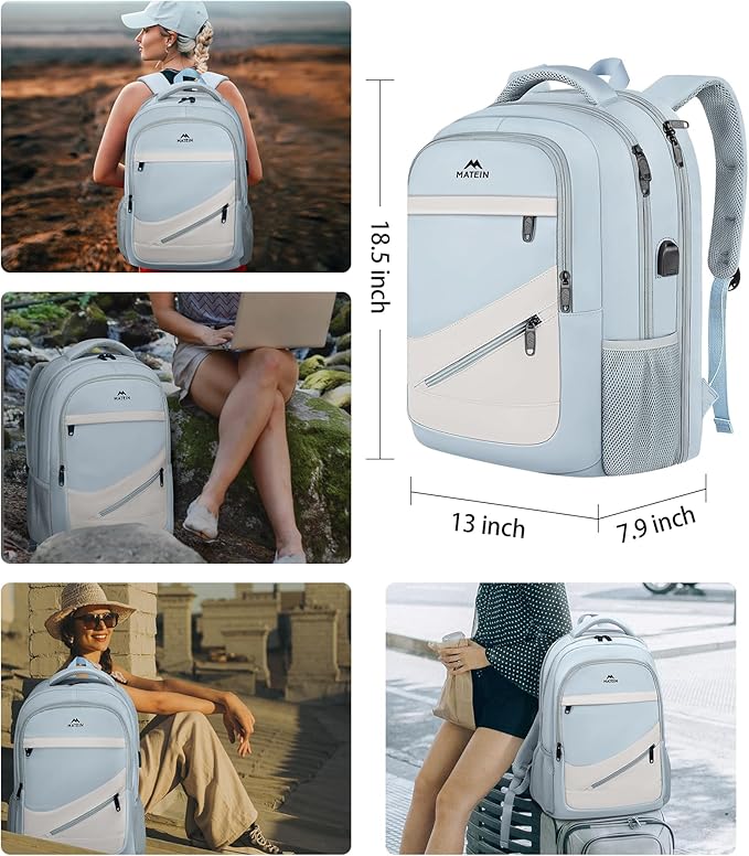 MATEIN 30 L Large Laptop Backpack, Stylish Lightweight Nursing Teacher Work Backpack with USB Charging Port, College Travel Comupter Bag Soft and Comfortable for Daily, Blue Beige