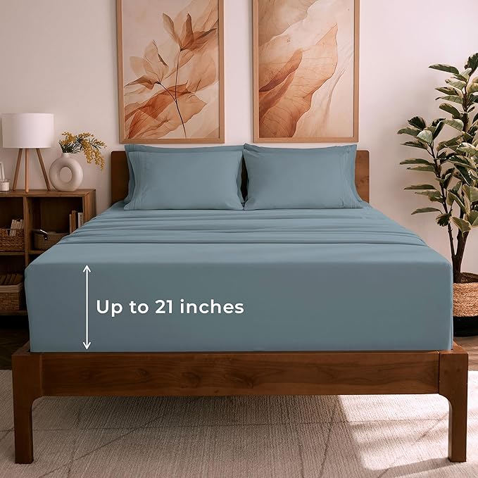 Mellanni Queen Sheet Set - 6-Piece Iconic Collection Bedding, (Including 4 Pillowcases), 21-Inch Extra Deep Pocket, Easy Care, Ultra Soft, Cooling Sheets, Brushed Microfiber - Spa Blue