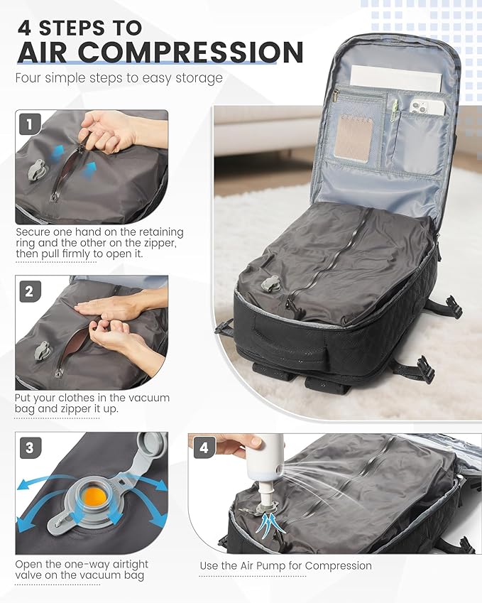 suwasp Vacuum Backpack Travel with Pump, Travel Backpack for Women Men, Vacuum Compression Bags with Laptop Compartment/Shoe Compartment, Personal Item Carry On Backpacks Flight Approved, Black