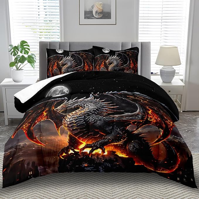 Black Dragon Comforter Set Twin Adult,Flame Dragon Bedding Set for Boys,Magical Beast Bedding Fantasy Animal Comforter Beedroom Decor,Magical Beast Quilt Bed Decor