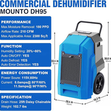MOUNTO 180Pints LGR Industrial Dehumidifier with Pump and Drain Hose, Portable Commercial Dehumidifier with Wheels for Home, Basements, Garages, and Job Sites