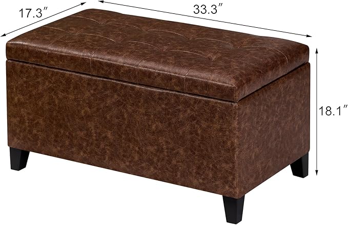Joveco Storage Ottoman Bench, 33 Inches Faux Leather Rectangle Tufted Foot Stool for End Foot of Bed, Bedroom, Living Room, Walnut