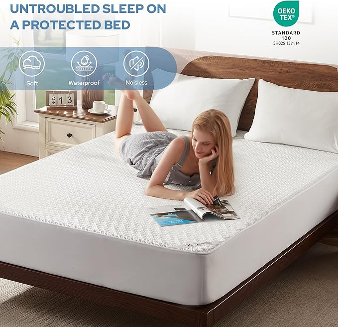 BEDLORE Twin Mattress Protector, Waterproof Noiseless Mattress Cover with Stretchable Pockets for 6-15 inches Mattress, Soft Breathable Mattress Pad Machine Washable (White)