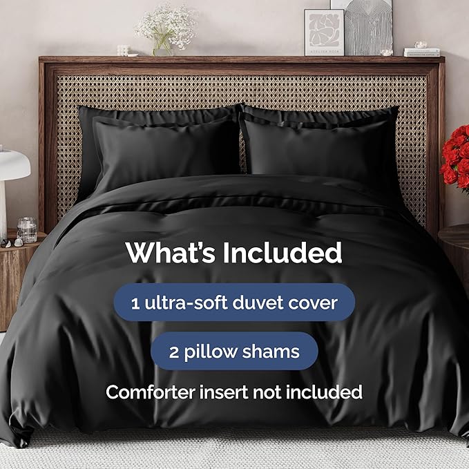 Duvet Cover King Size Set - Extra Soft King Size Duvet Cover 104 x 90 with 2 Pillow Shams - Hotel Luxury, Easy Care and Fade Free with Zipper Closures & Ties - Comfy, Breathable Bedding Set (Black)