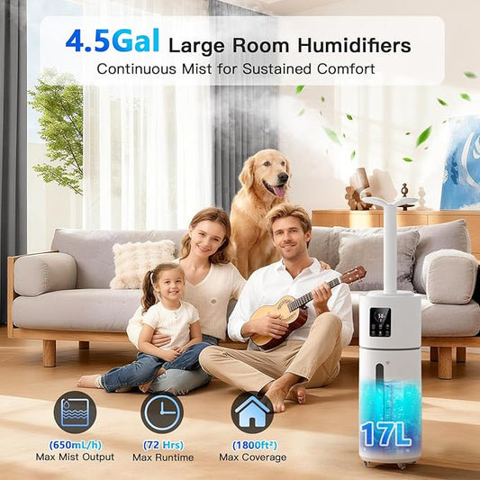 Smart Humidifiers for Large Room Bedroom Home 1800 sq.ft, 17L/4.5Gal Large Humidifier with Extension Tube & 3 Mist Modes, Top Fill Whole House Cool Mist Humidifiers for Plant Commercial Office