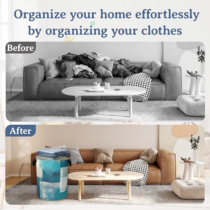 Turquoise Grey Abstract Art Painting Laundry Basket,Foldable Oxford Cloth Geometric Laundry Hamper with Handles, 20.8"x16" Tote Bag Clothes Storage Bucket for Laundry Room/Bathroom/Bedroom/Dormitories