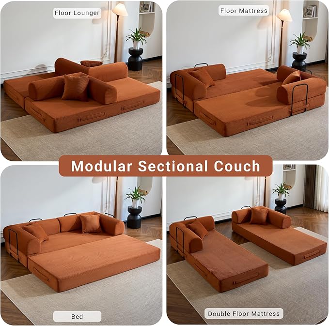 Compressed Sofa, Convertible Sofa Bed, Corduroy Compression Boneless Couch with Pillow, Comfy Modular Foldable Floor Sleeper Sofa for Bedroom, Living Room, Lounge, Studio (Orange)